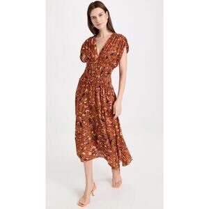 NWT A.L.C. Lucia Smocked V-Neck Midi Dress Size 10 Bronze Multicolor 1B460